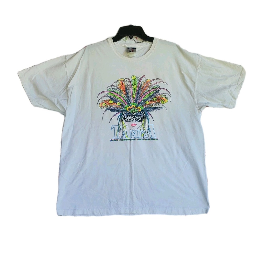 VTG 90s‎ New Orleans Mardi Gras T-Shirt XL White Mask Headdress Single Stitch